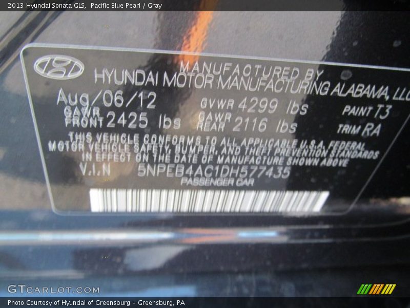 Pacific Blue Pearl / Gray 2013 Hyundai Sonata GLS