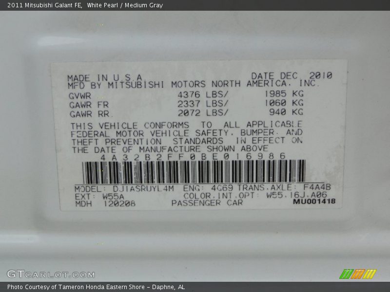 White Pearl / Medium Gray 2011 Mitsubishi Galant FE