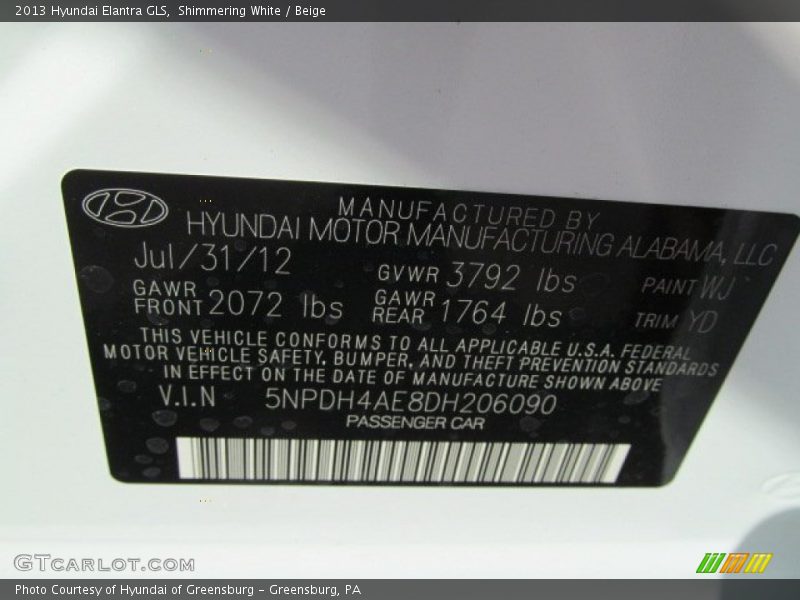 Shimmering White / Beige 2013 Hyundai Elantra GLS