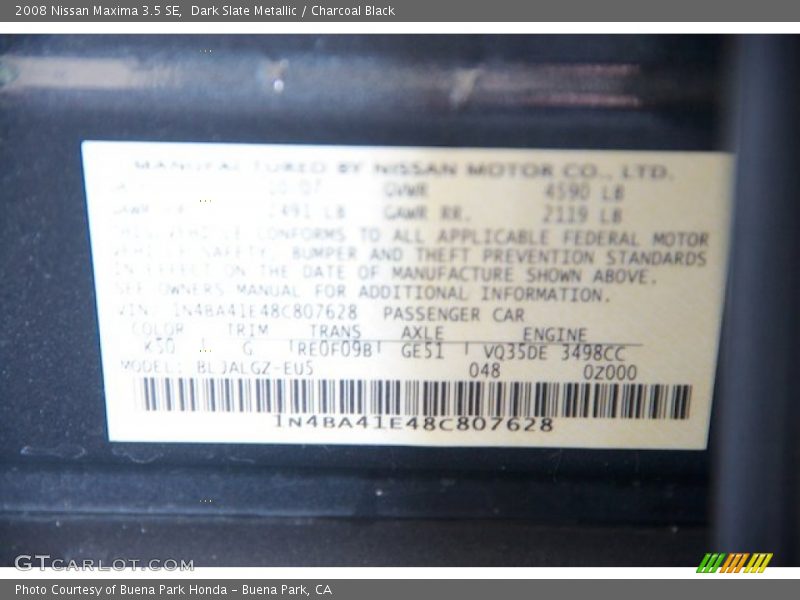 Dark Slate Metallic / Charcoal Black 2008 Nissan Maxima 3.5 SE