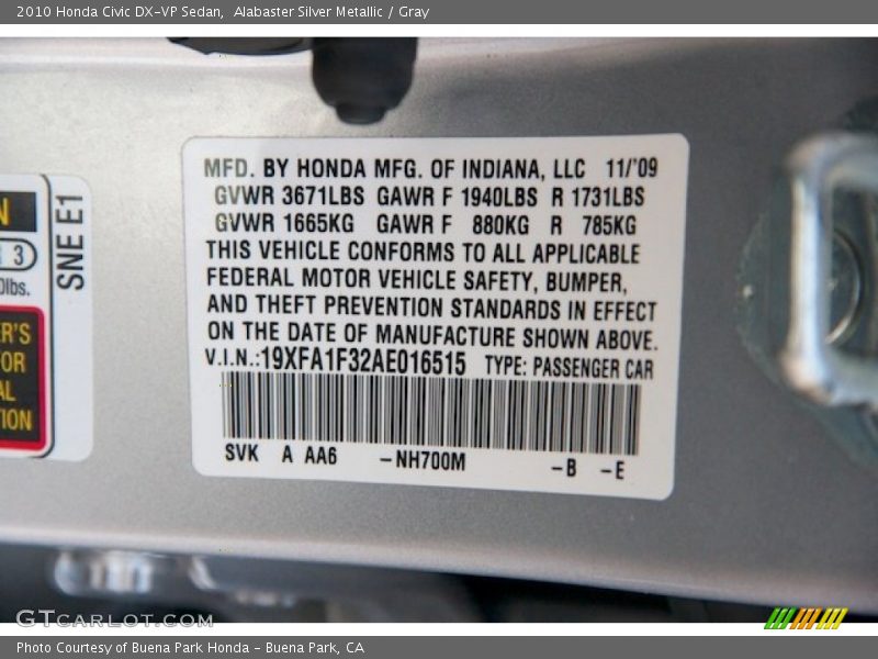 Alabaster Silver Metallic / Gray 2010 Honda Civic DX-VP Sedan