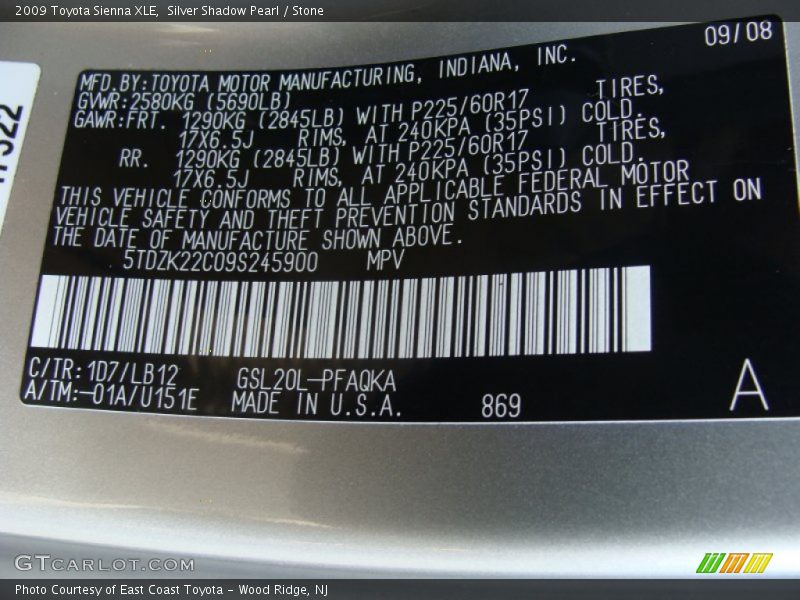 Silver Shadow Pearl / Stone 2009 Toyota Sienna XLE