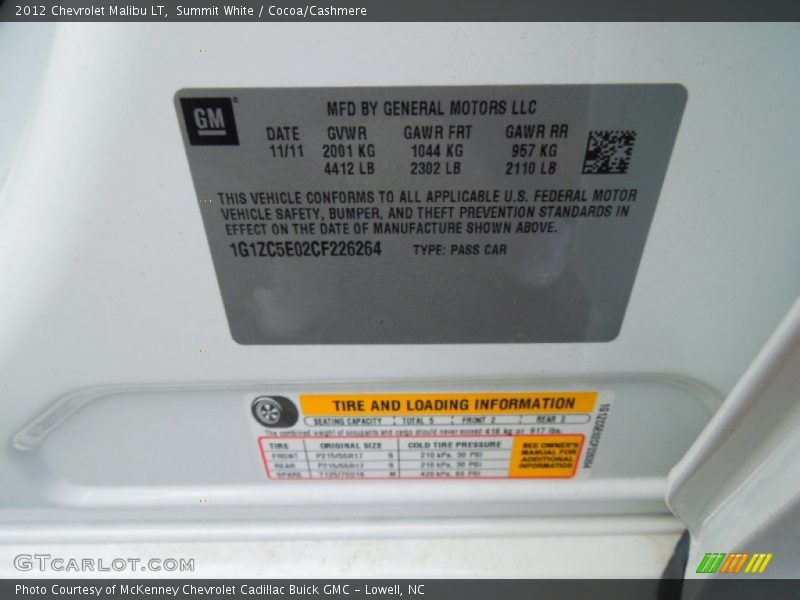 Summit White / Cocoa/Cashmere 2012 Chevrolet Malibu LT