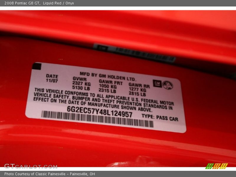 Info Tag of 2008 G8 GT