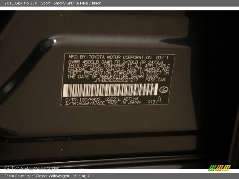 2011 IS 350 F Sport Smoky Granite Mica Color Code 1G0