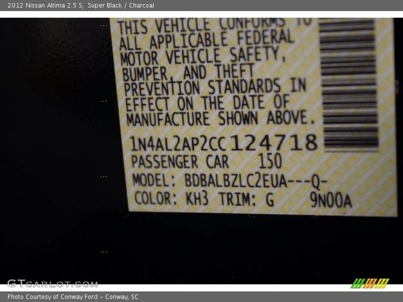Super Black / Charcoal 2012 Nissan Altima 2.5 S