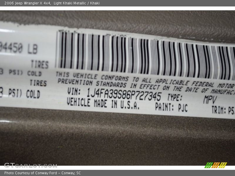 2006 Wrangler X 4x4 Light Khaki Metallic Color Code PJC