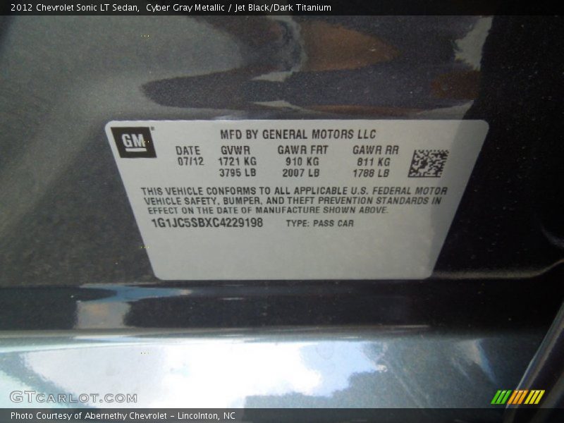 Cyber Gray Metallic / Jet Black/Dark Titanium 2012 Chevrolet Sonic LT Sedan
