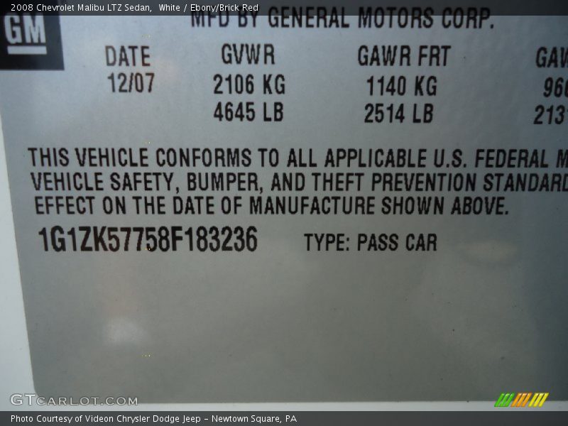 White / Ebony/Brick Red 2008 Chevrolet Malibu LTZ Sedan