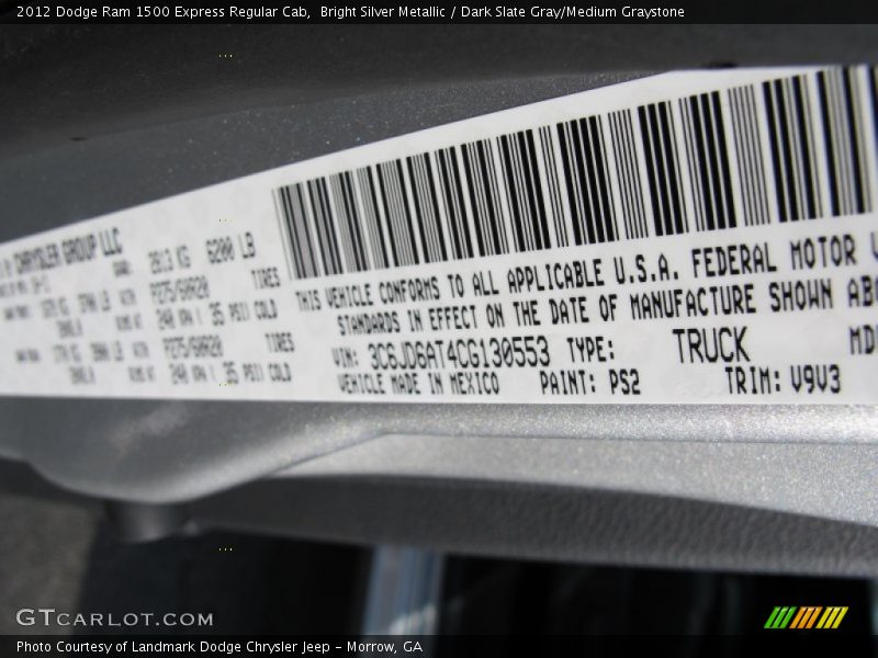 Bright Silver Metallic / Dark Slate Gray/Medium Graystone 2012 Dodge Ram 1500 Express Regular Cab