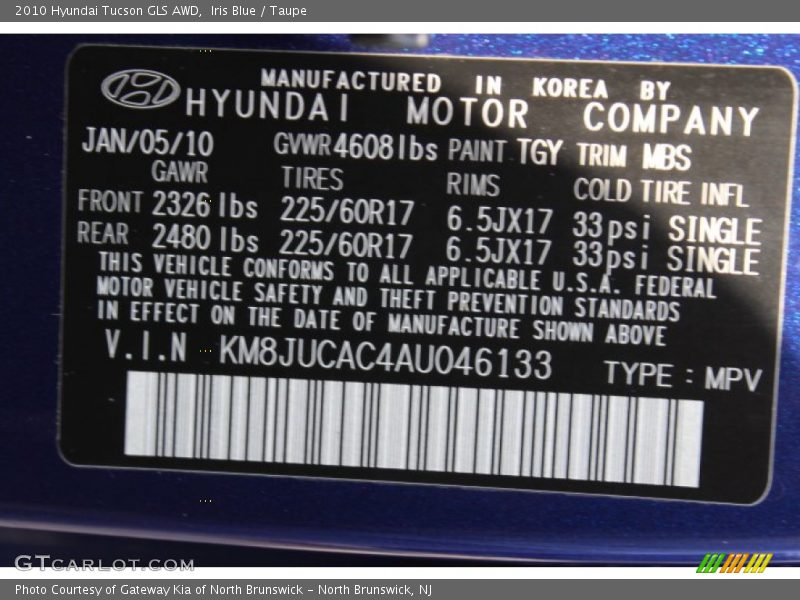 Iris Blue / Taupe 2010 Hyundai Tucson GLS AWD