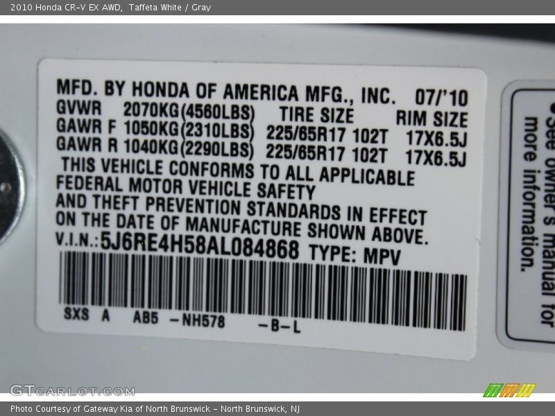 Taffeta White / Gray 2010 Honda CR-V EX AWD