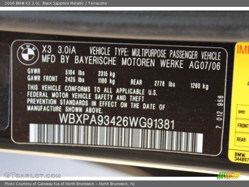 Black Sapphire Metallic / Terracotta 2006 BMW X3 3.0i