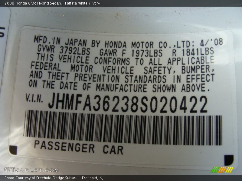Taffeta White / Ivory 2008 Honda Civic Hybrid Sedan