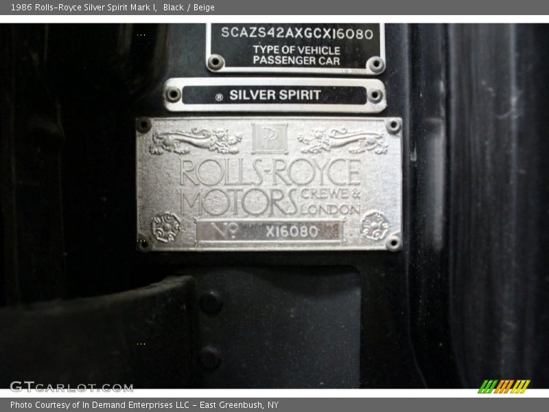 Info Tag of 1986 Silver Spirit Mark I