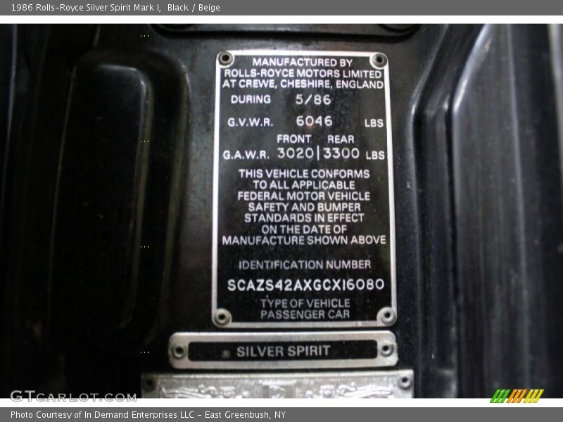Info Tag of 1986 Silver Spirit Mark I