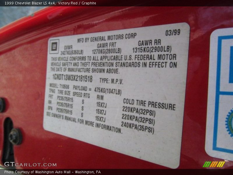 Victory Red / Graphite 1999 Chevrolet Blazer LS 4x4