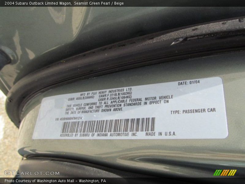 Seamist Green Pearl / Beige 2004 Subaru Outback Limited Wagon