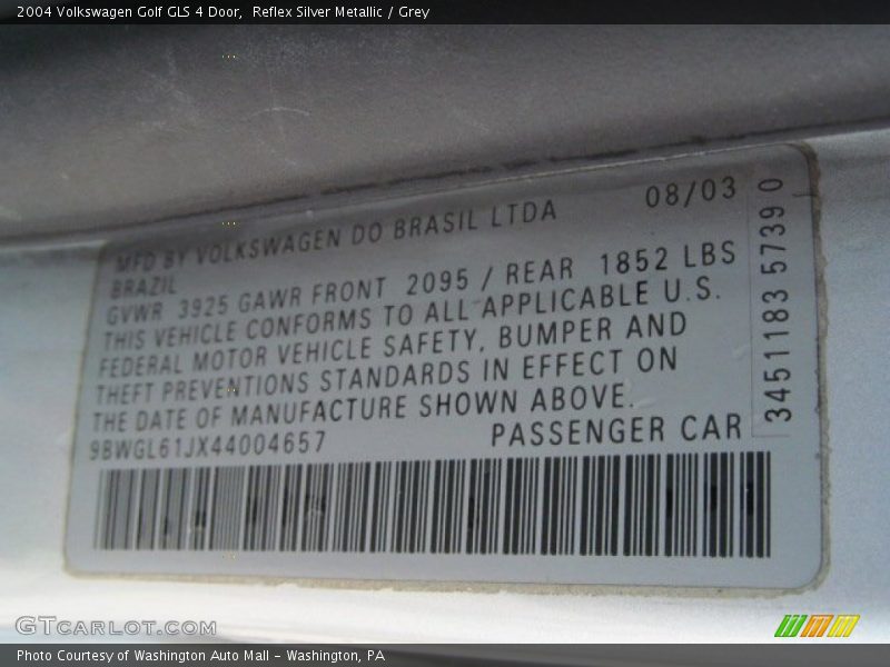 Reflex Silver Metallic / Grey 2004 Volkswagen Golf GLS 4 Door
