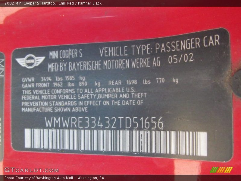 Chili Red / Panther Black 2002 Mini Cooper S Hardtop