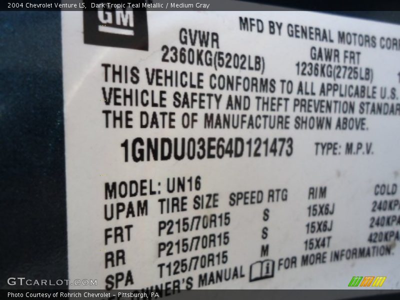 Dark Tropic Teal Metallic / Medium Gray 2004 Chevrolet Venture LS