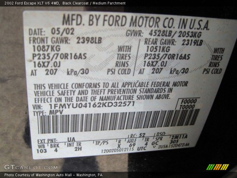 Black Clearcoat / Medium Parchment 2002 Ford Escape XLT V6 4WD