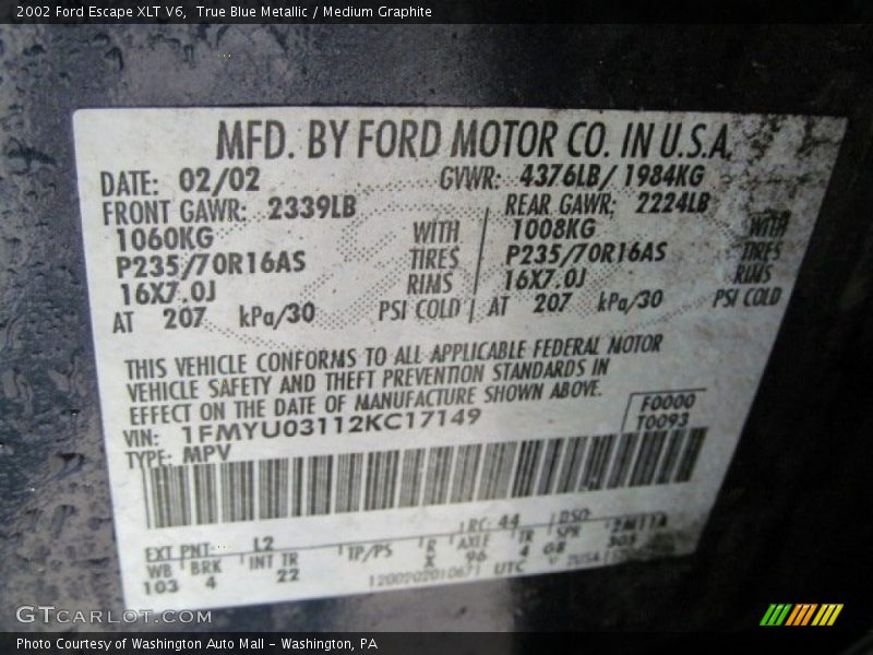True Blue Metallic / Medium Graphite 2002 Ford Escape XLT V6