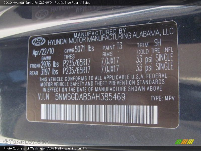 Pacific Blue Pearl / Beige 2010 Hyundai Santa Fe GLS 4WD