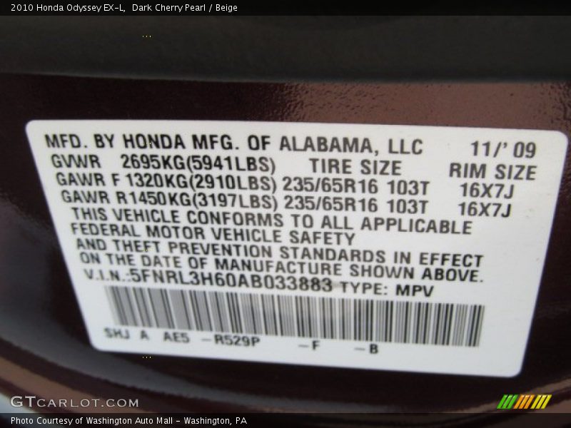 Dark Cherry Pearl / Beige 2010 Honda Odyssey EX-L