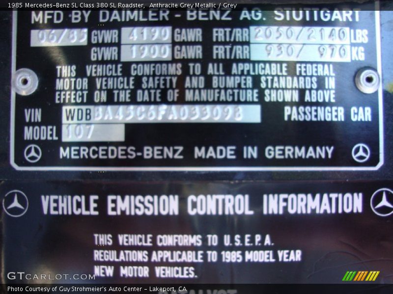 Info Tag of 1985 SL Class 380 SL Roadster