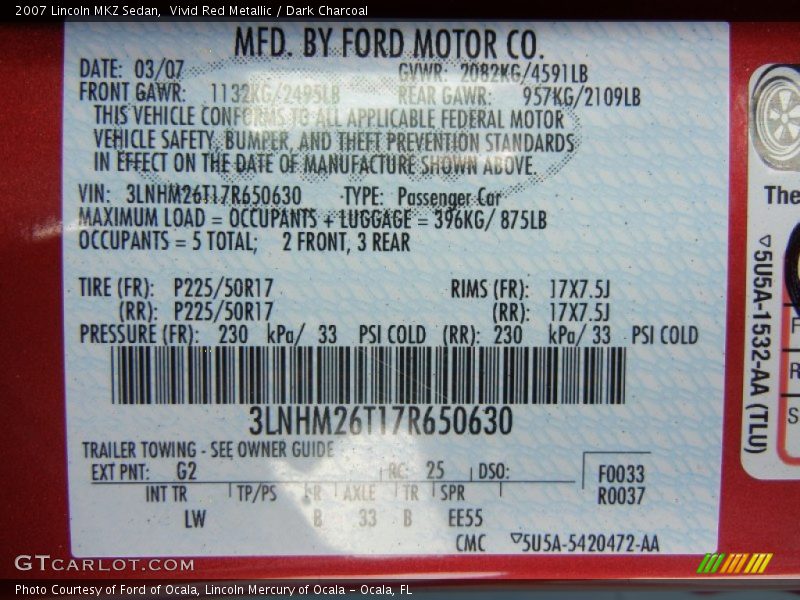 Vivid Red Metallic / Dark Charcoal 2007 Lincoln MKZ Sedan