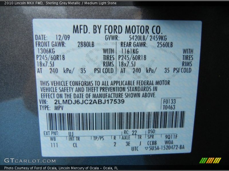 Sterling Grey Metallic / Medium Light Stone 2010 Lincoln MKX FWD