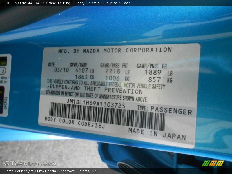 2010 MAZDA3 s Grand Touring 5 Door Celestial Blue Mica Color Code 38J