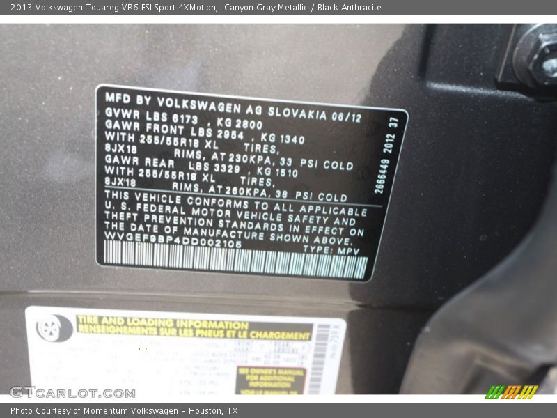 Canyon Gray Metallic / Black Anthracite 2013 Volkswagen Touareg VR6 FSI Sport 4XMotion
