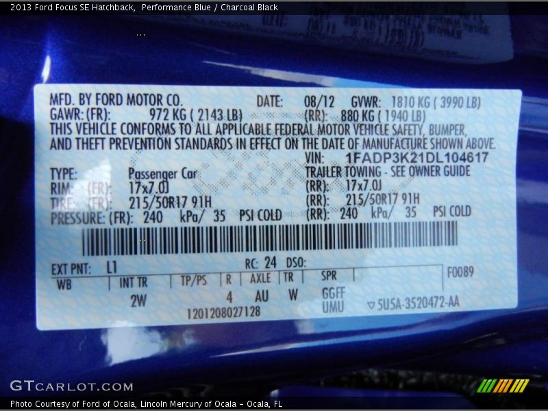 2013 Focus SE Hatchback Performance Blue Color Code L1