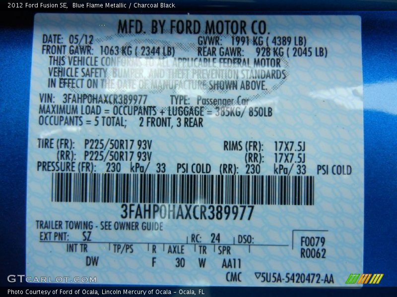 Blue Flame Metallic / Charcoal Black 2012 Ford Fusion SE