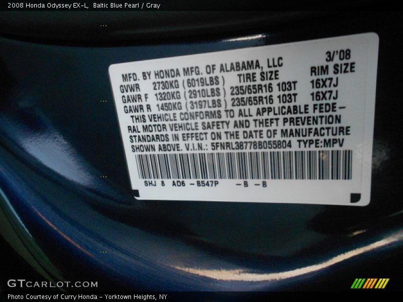 Baltic Blue Pearl / Gray 2008 Honda Odyssey EX-L