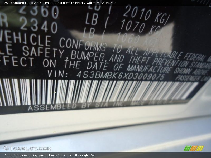 Satin White Pearl / Warm Ivory Leather 2013 Subaru Legacy 2.5i Limited