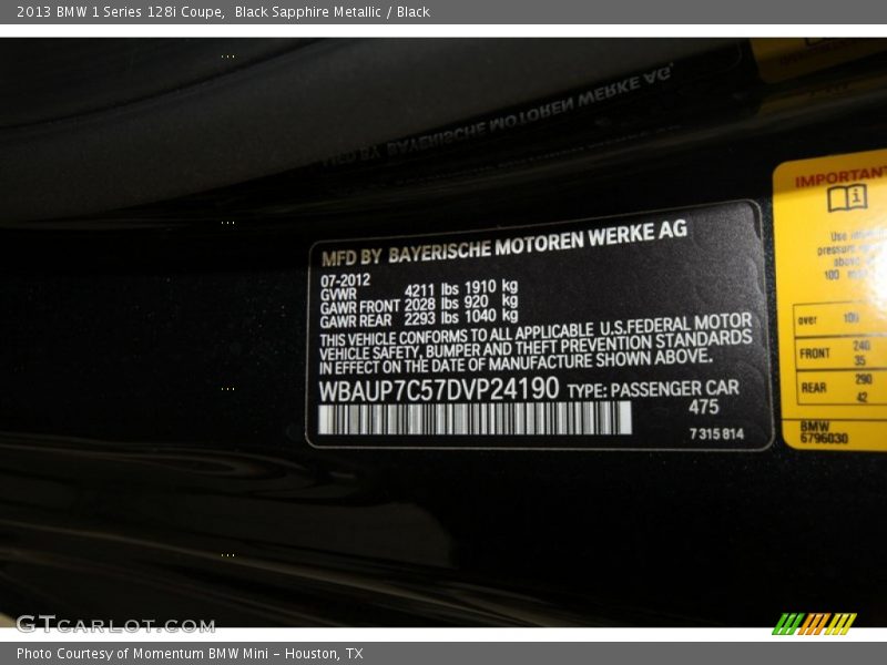 Black Sapphire Metallic / Black 2013 BMW 1 Series 128i Coupe