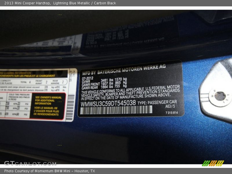 2013 Cooper Hardtop Lightning Blue Metallic Color Code A63