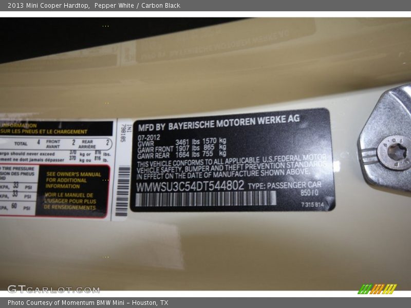 Pepper White / Carbon Black 2013 Mini Cooper Hardtop
