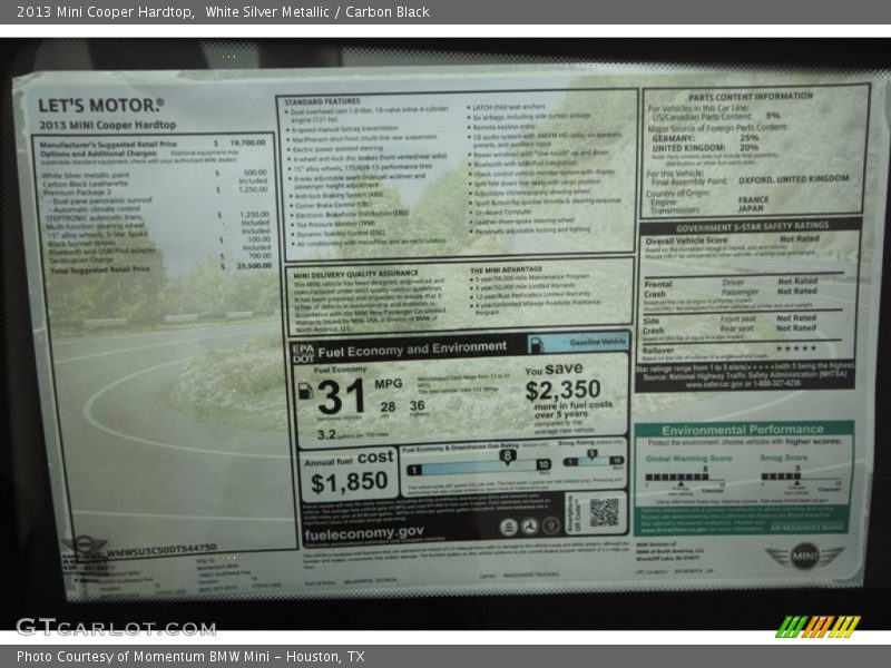  2013 Cooper Hardtop Window Sticker