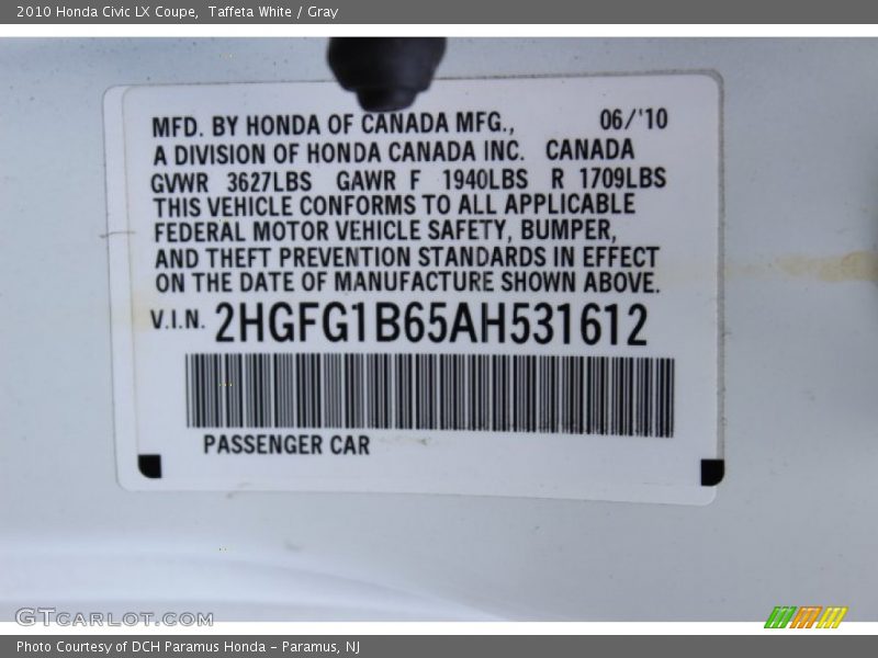 Taffeta White / Gray 2010 Honda Civic LX Coupe