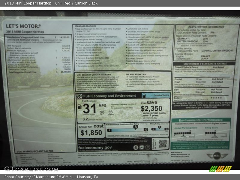  2013 Cooper Hardtop Window Sticker