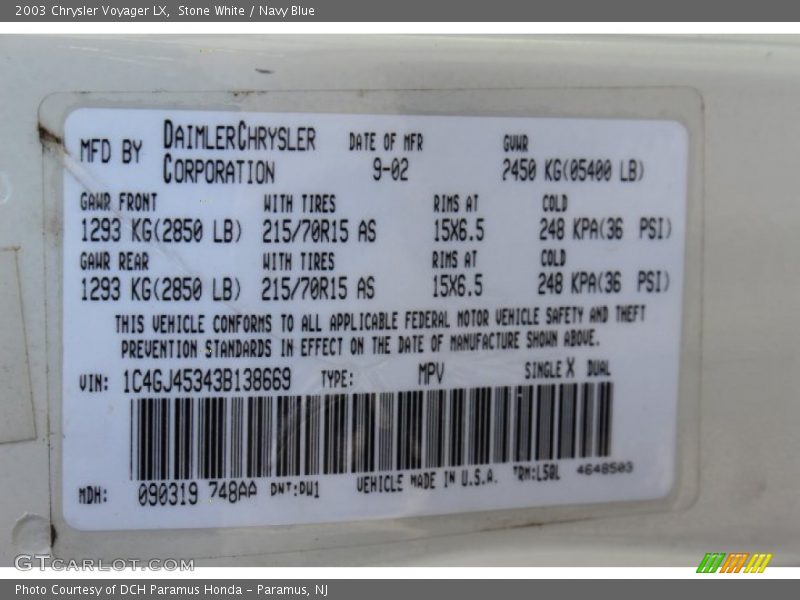 2003 Voyager LX Stone White Color Code PW1