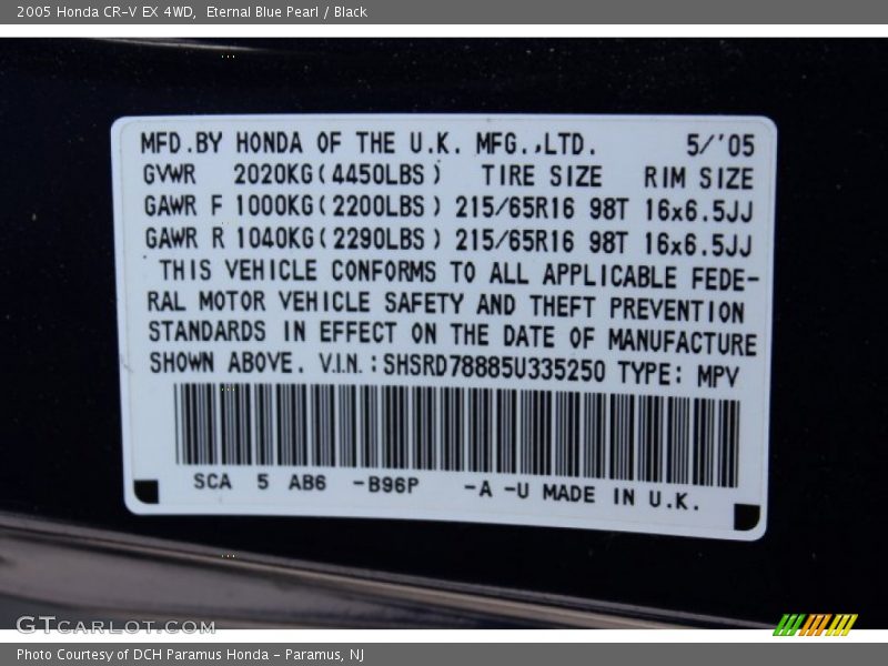 Eternal Blue Pearl / Black 2005 Honda CR-V EX 4WD