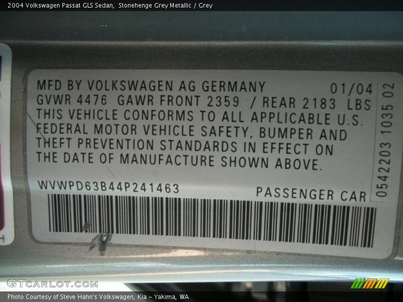 Stonehenge Grey Metallic / Grey 2004 Volkswagen Passat GLS Sedan