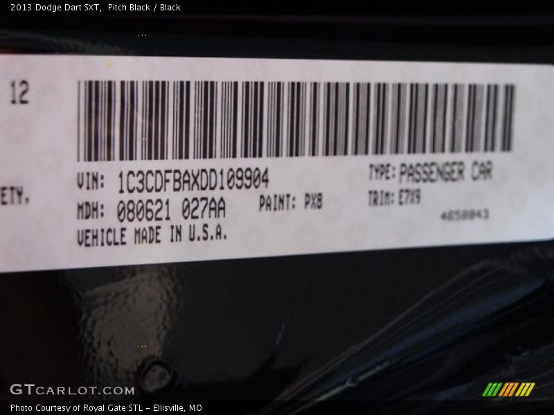 2013 Dart SXT Pitch Black Color Code PX8