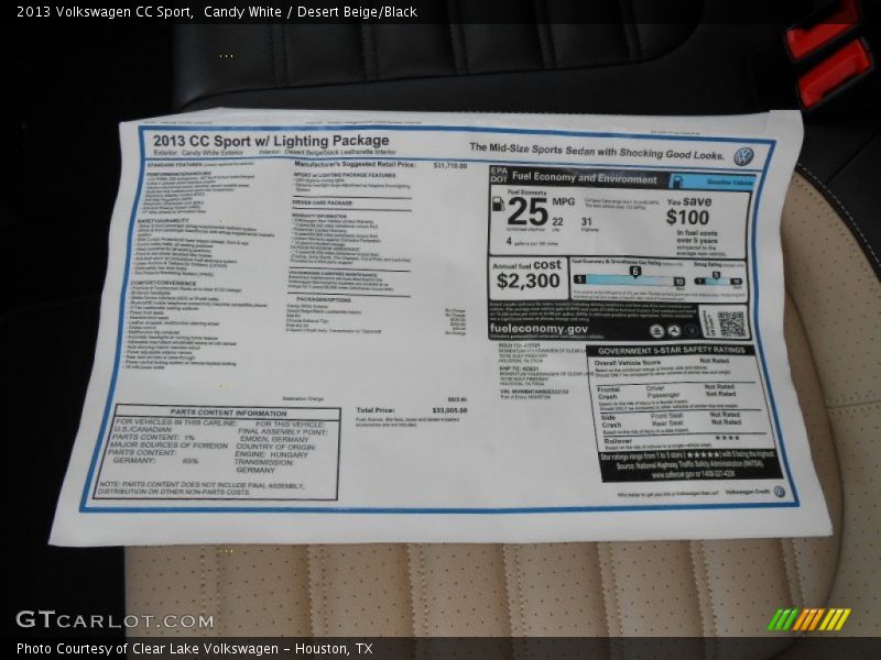 Candy White / Desert Beige/Black 2013 Volkswagen CC Sport
