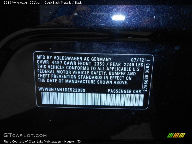 Deep Black Metallic / Black 2013 Volkswagen CC Sport